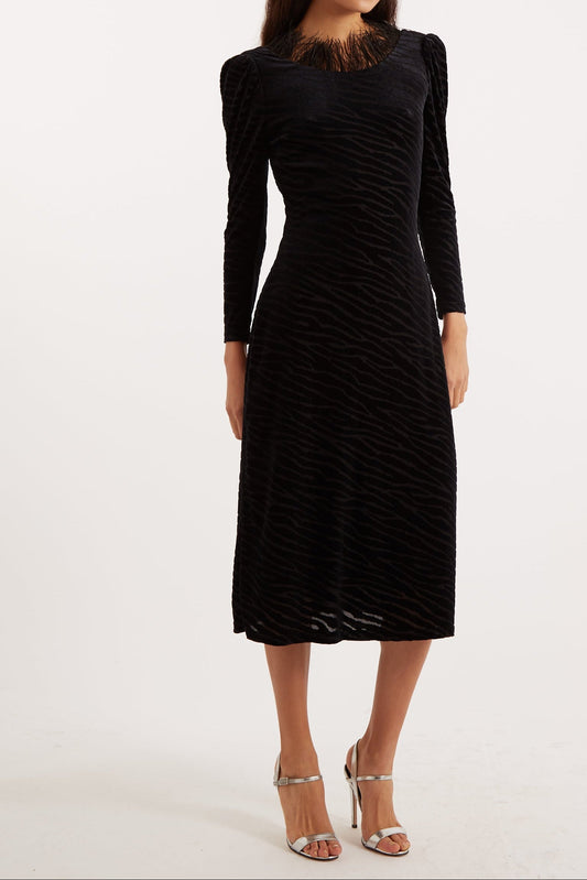 Louche Krystel Zebra Devore Feather Trim Midi Dress Black
