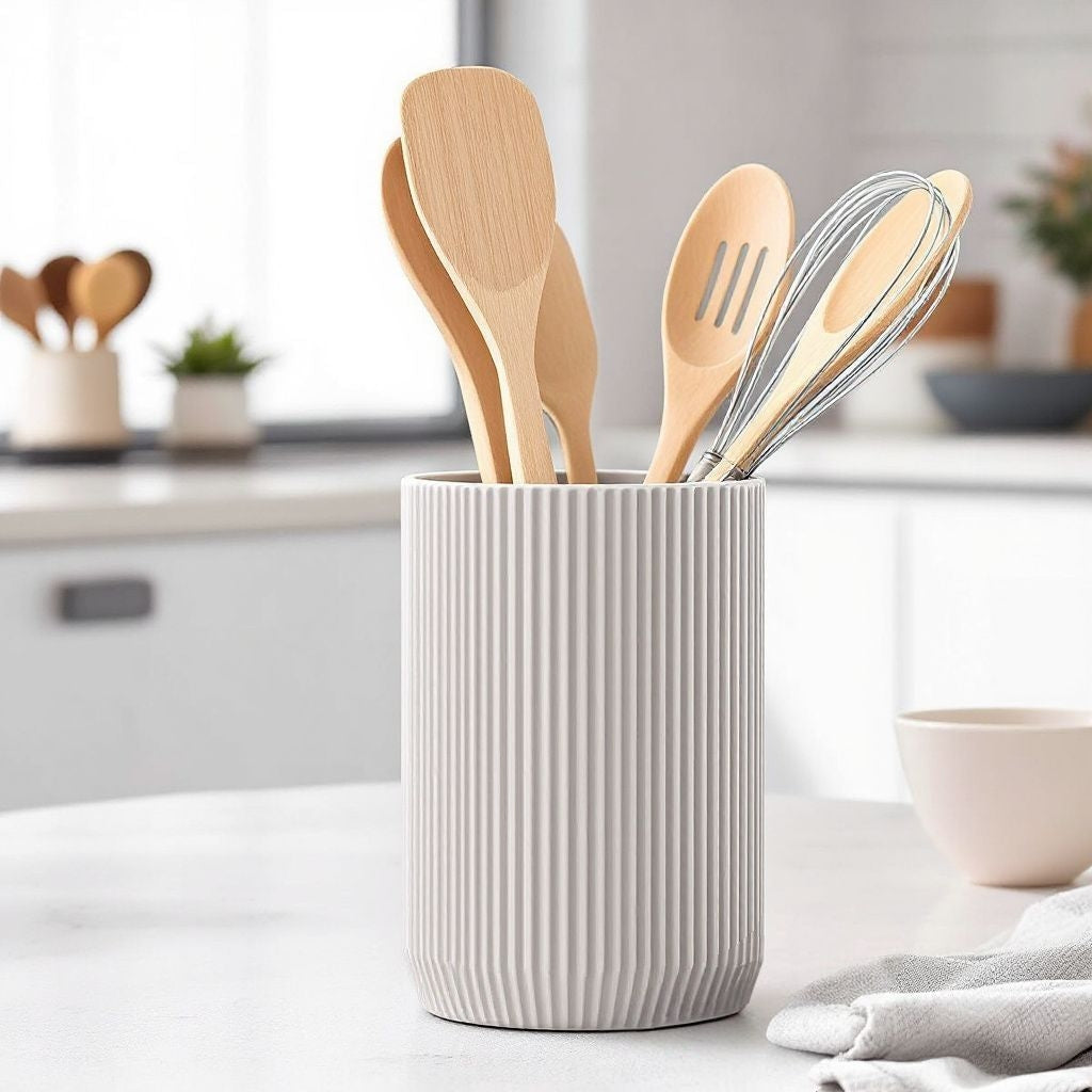Modern Ribbed Kitchen Utensil Holder – Minimalist Ceramic Pot for Cooking Tools & Countertop Storage