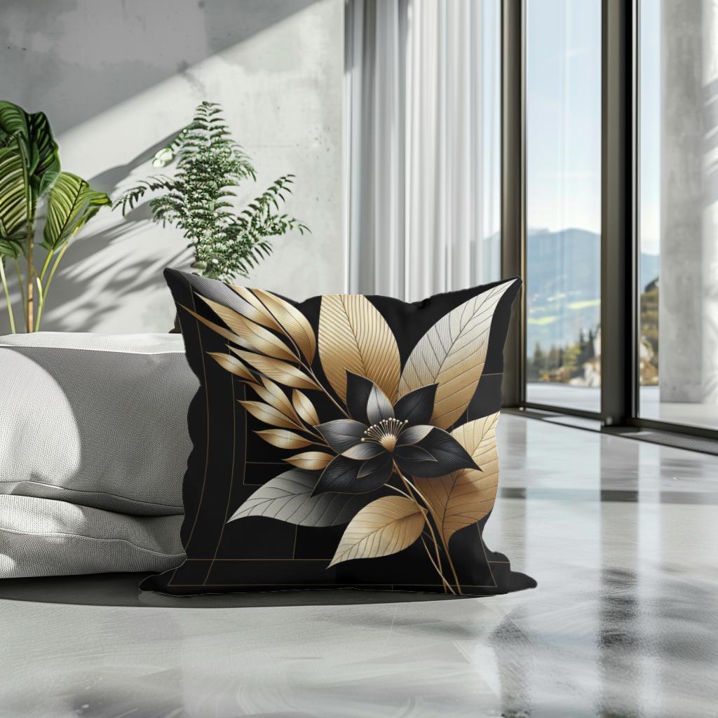 Golden Noir Floral Elegance Cotton Cushion