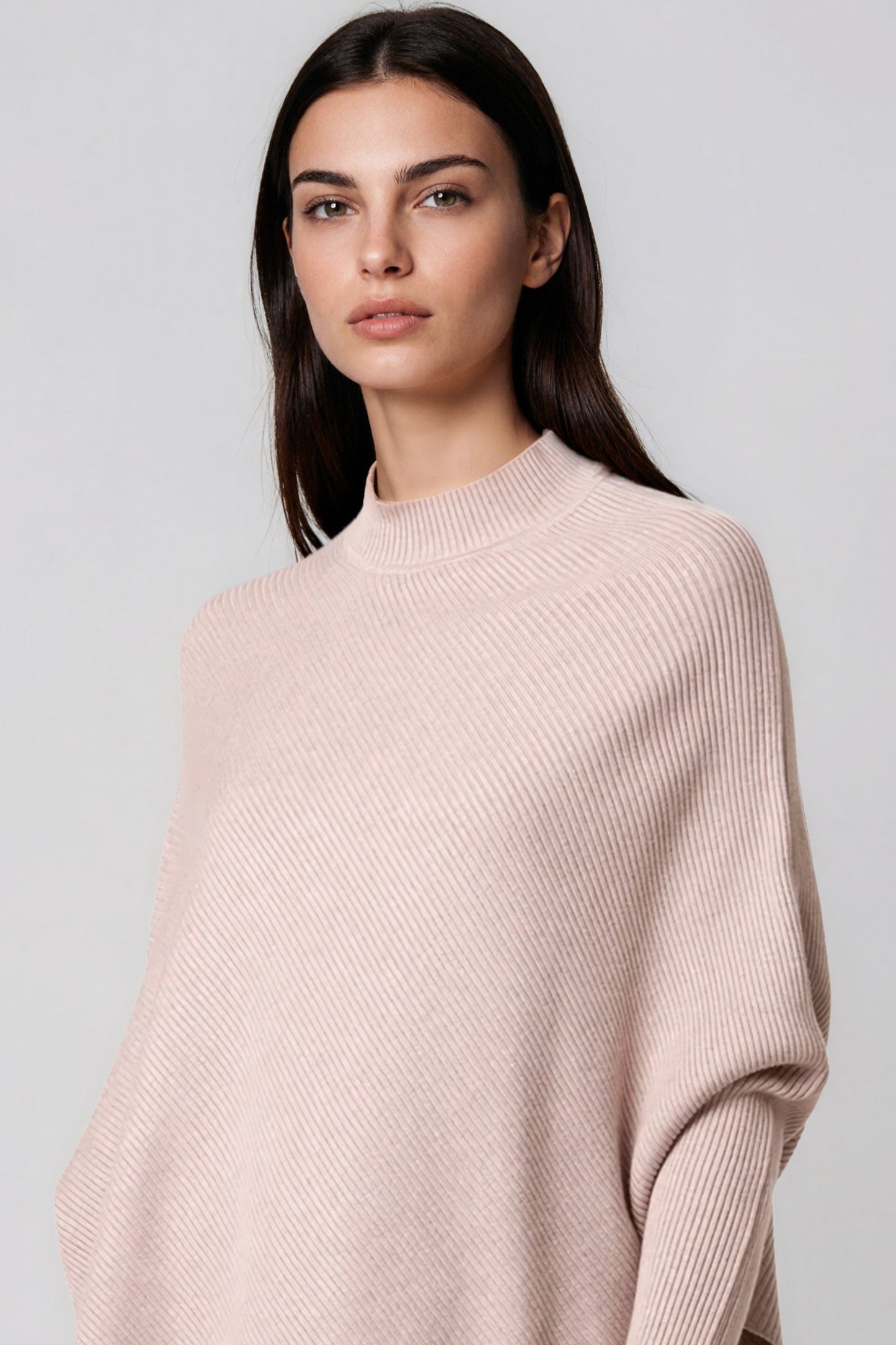 Beige Ribbed High Neck Jumper