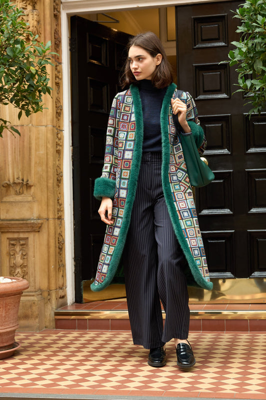 Delphia 70'S Patch Jacquard Fur Trim Coat – Multicoloured