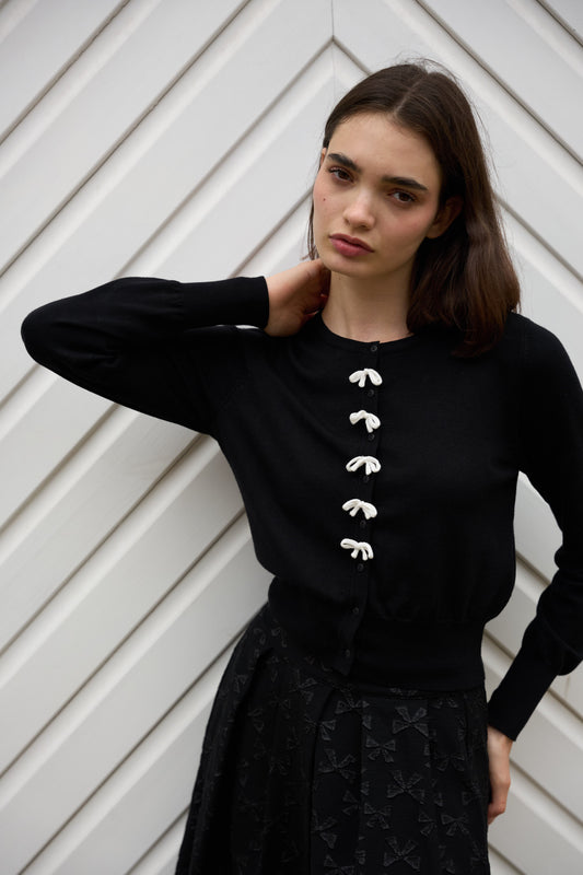 Ives Bow Trimmed Cardigan - Black