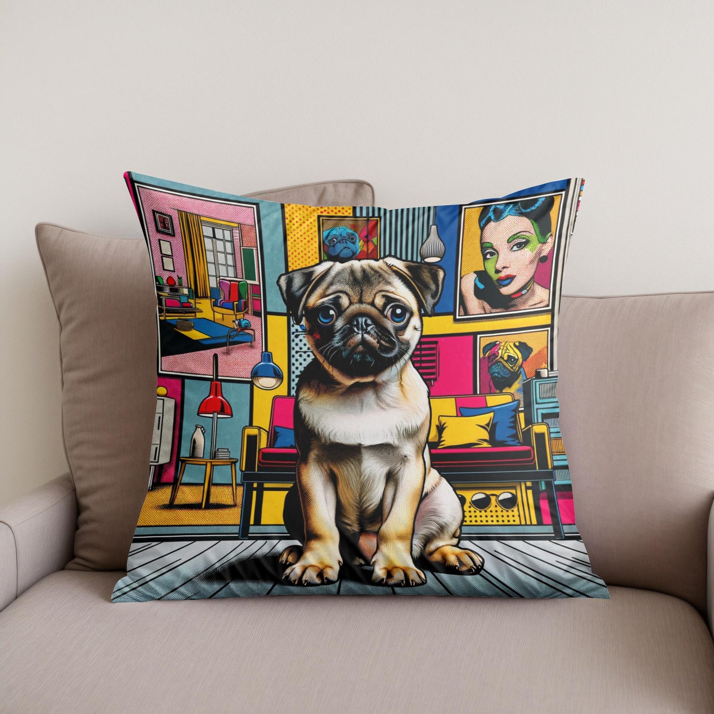 Pop Art Pug Cotton Cushion