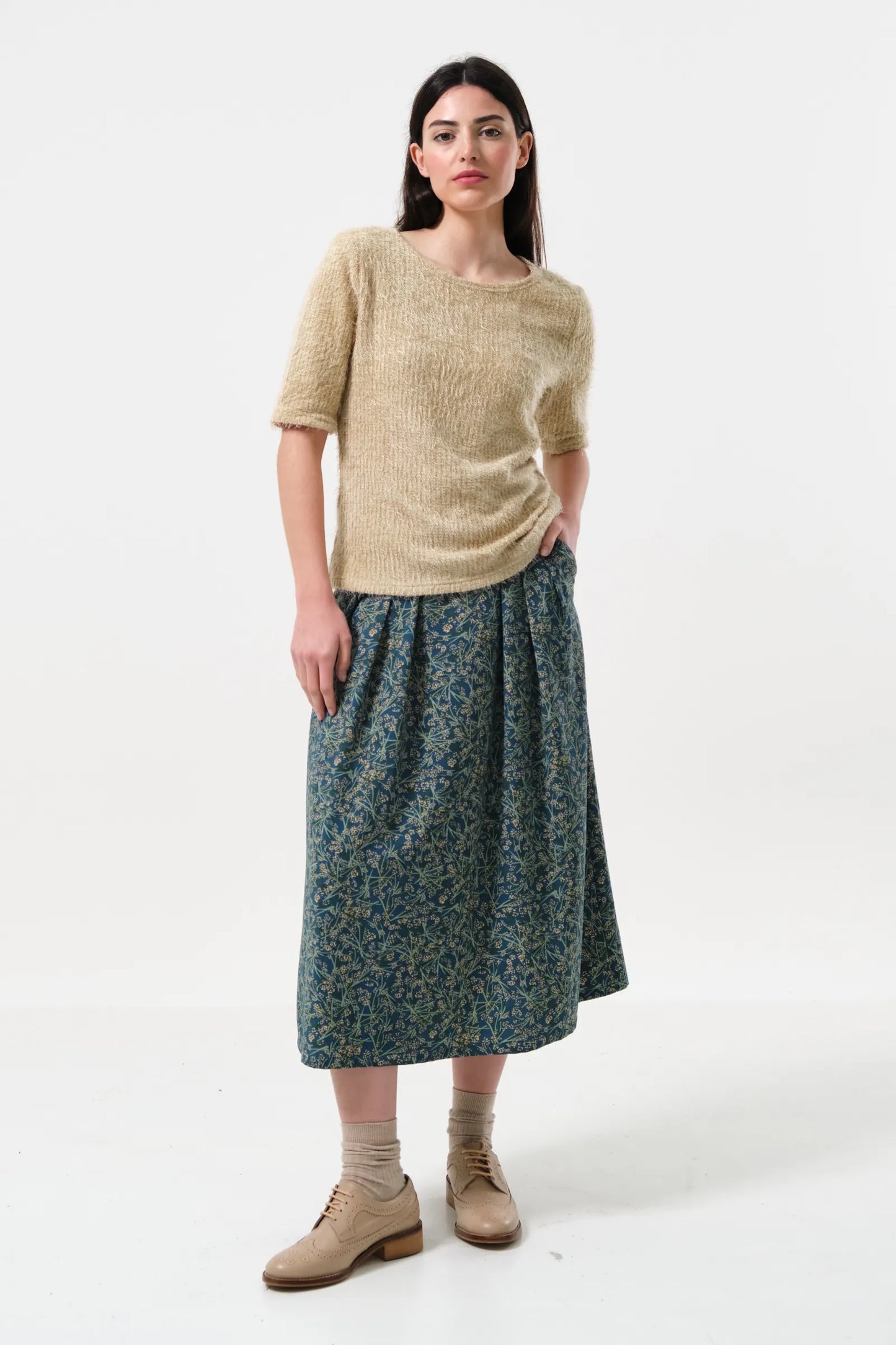 Laureen Eyelash Rib Short Sleeve Jumper - Beige