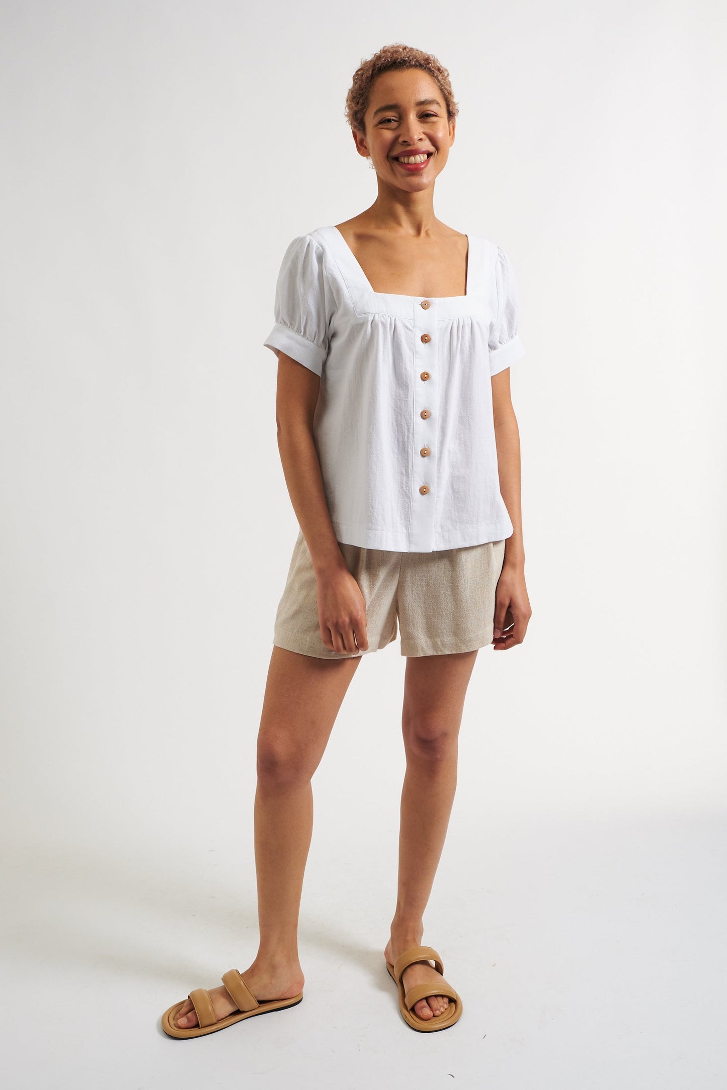 Lea Recycled Cotton Square Neck Short Sleeve Blouse - White