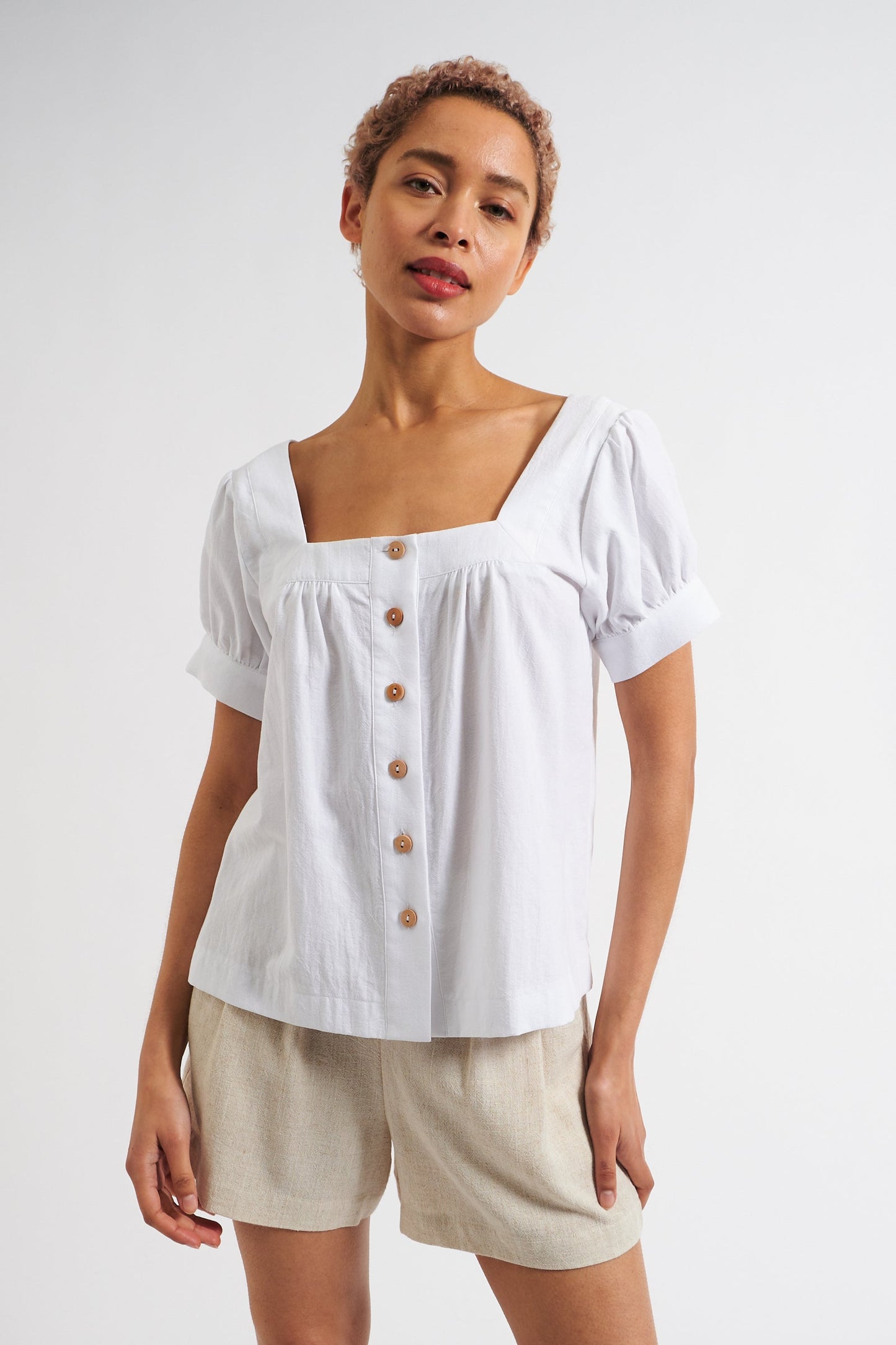 Lea Recycled Cotton Square Neck Short Sleeve Blouse - White
