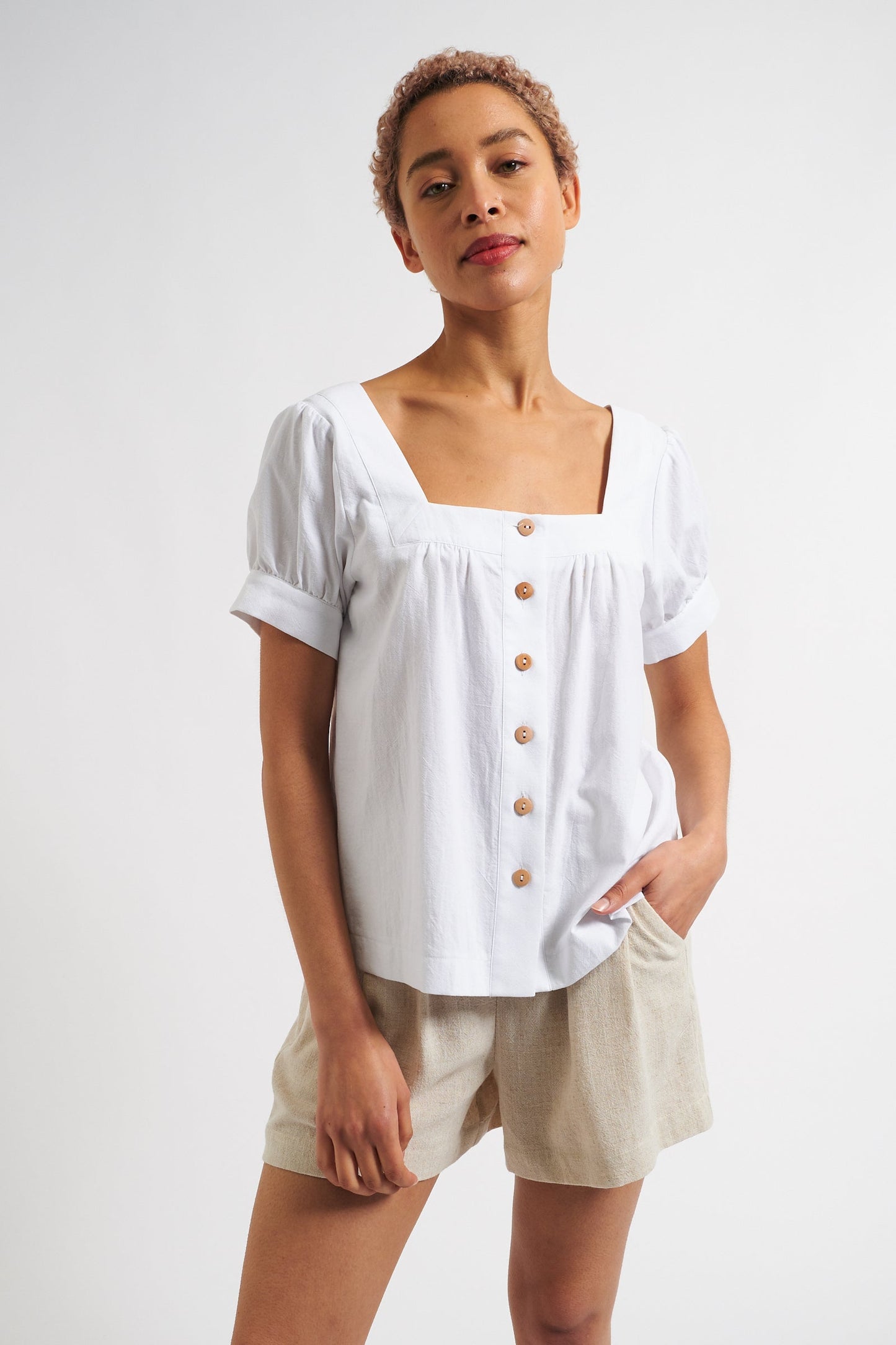 Lea Recycled Cotton Square Neck Short Sleeve Blouse - White