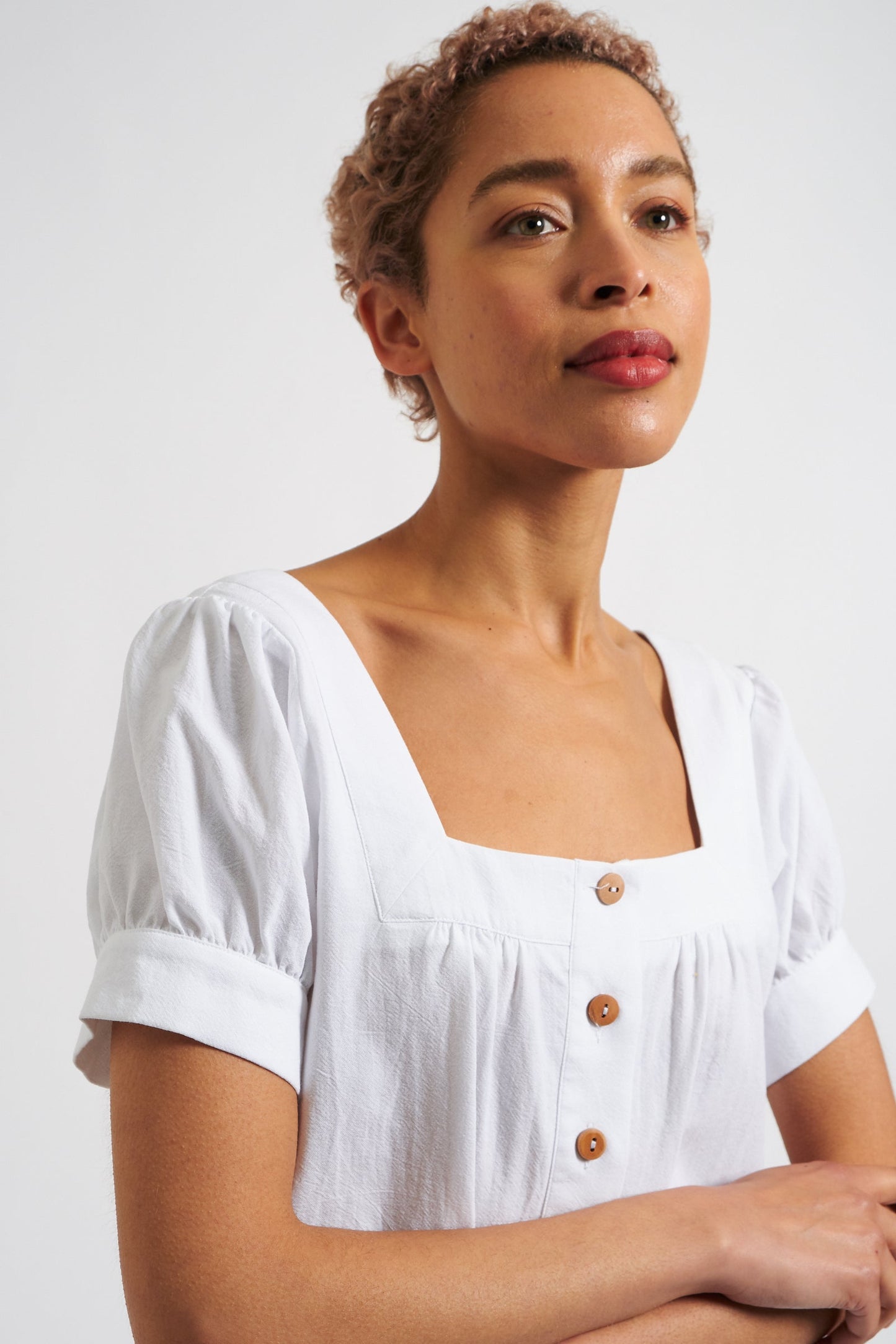 Lea Recycled Cotton Square Neck Short Sleeve Blouse - White