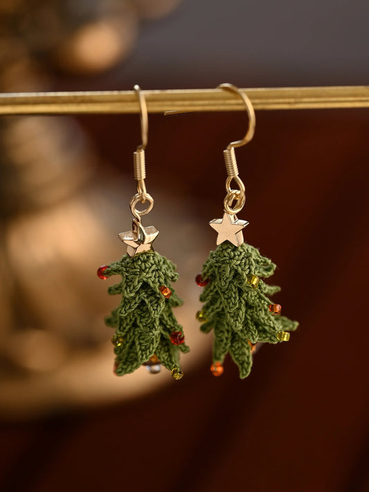 Tiny Christmas Tree Dangle Earrings – Hand-Crocheted Holiday Charm