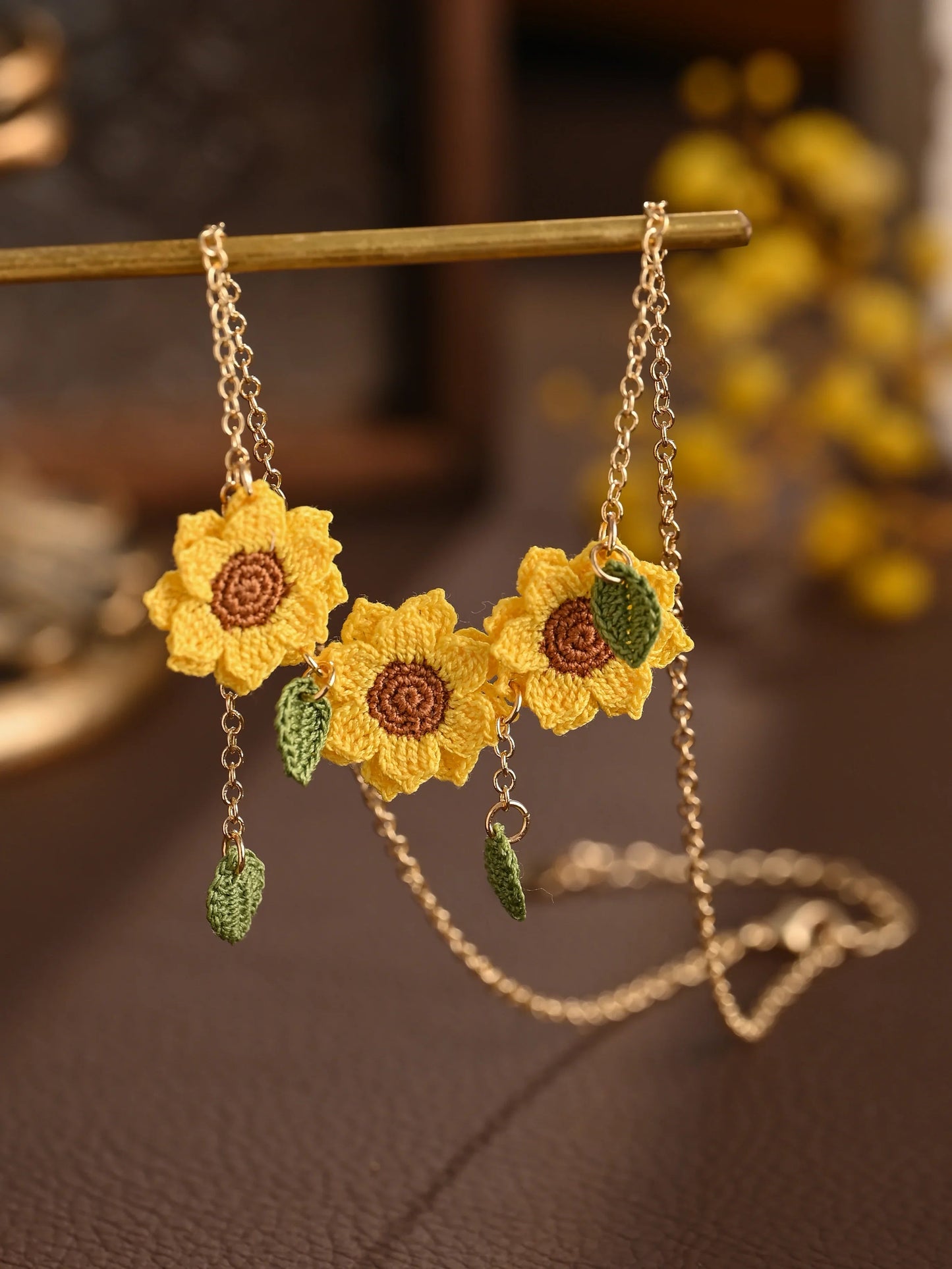Triple Sunflower Micro Crochet Necklace – Handmade Blooming Statement Piece