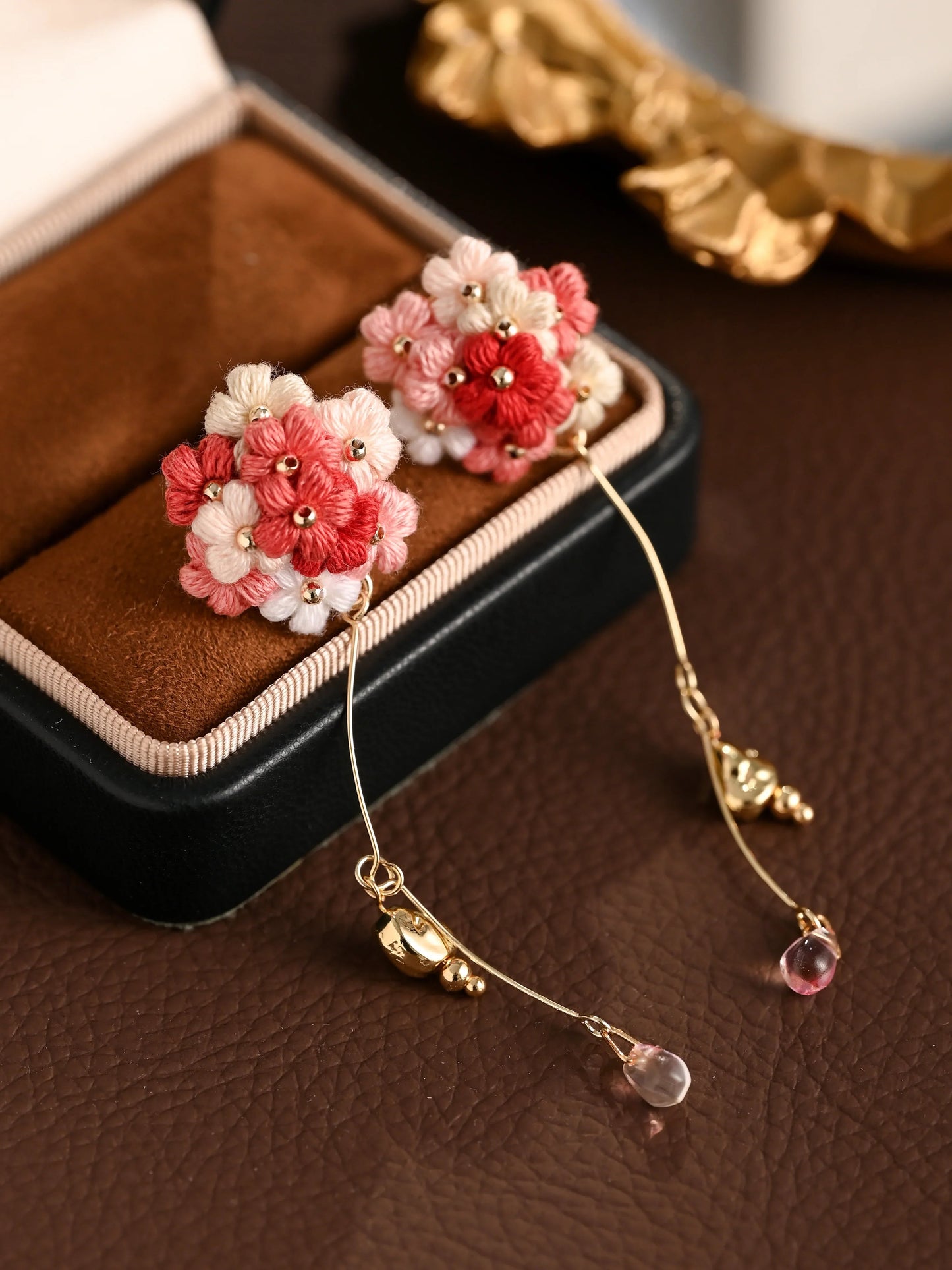 Blushing Bouquet Micro-Crochet Earrings with Crystal Dangle