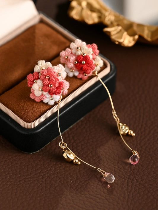 Blushing Bouquet Micro-Crochet Earrings with Crystal Dangle