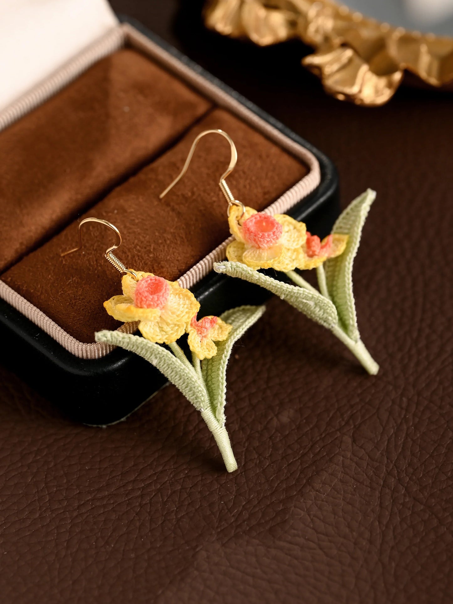 Dancing Narcissus Blossom Earrings – Hand-Crocheted Mini Flower Dangles