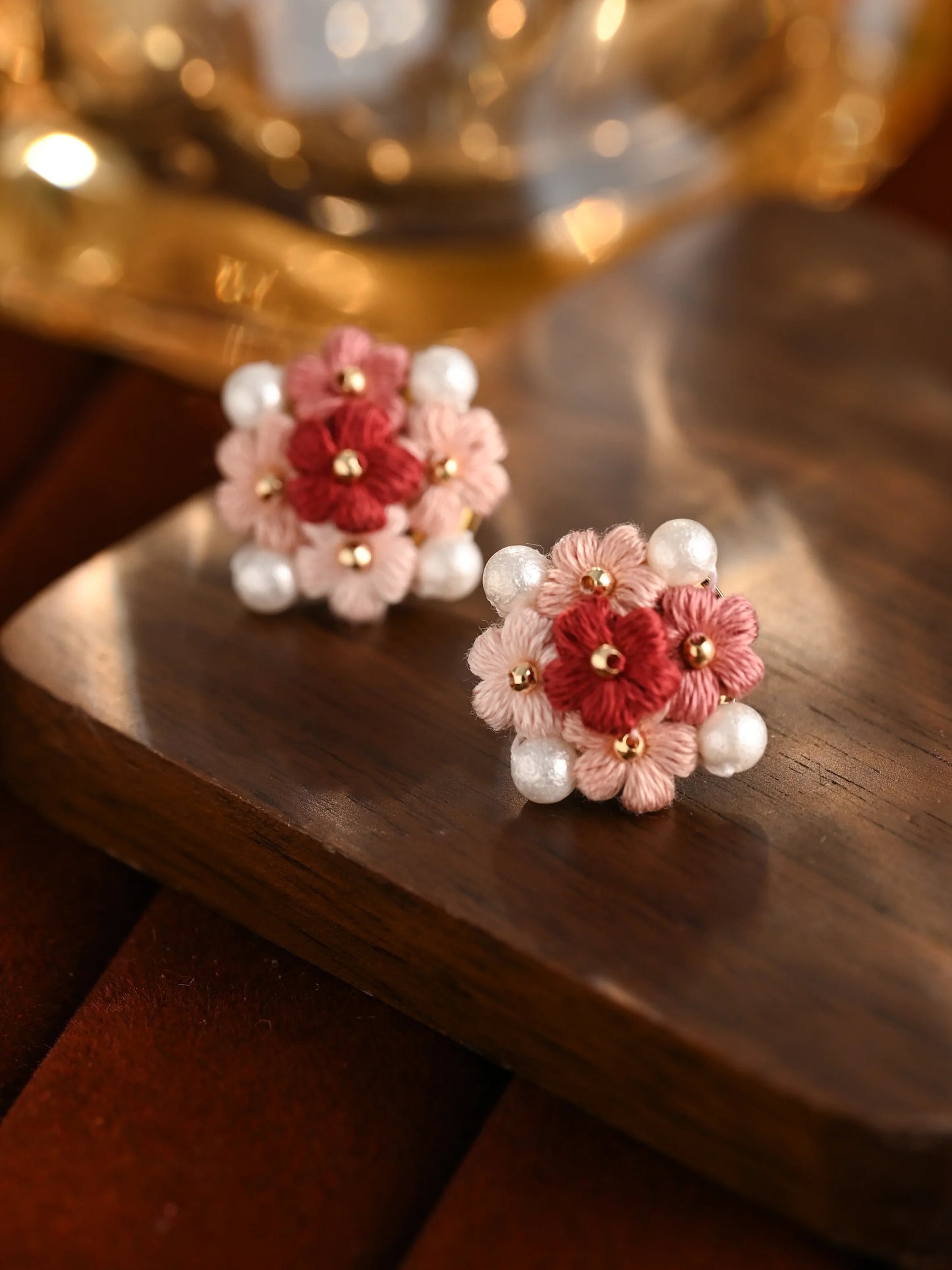Blooming Puff Flower Pearl Micro Crochet Earrings – Handmade Colourful Floral Studs
