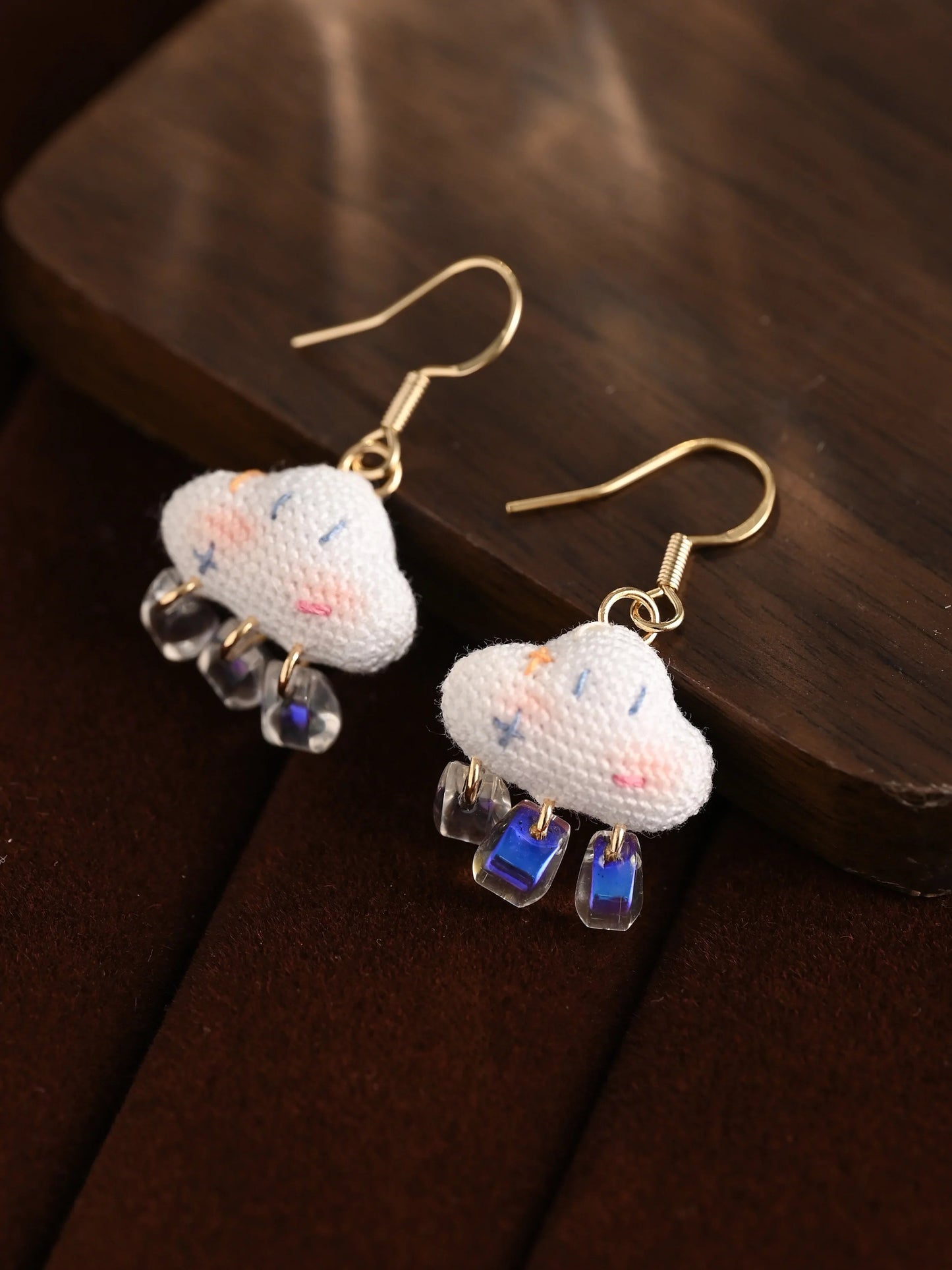 Dreamy Smiling Cloud Micro Crochet Earrings — Whimsical Handmade Dangle Drops