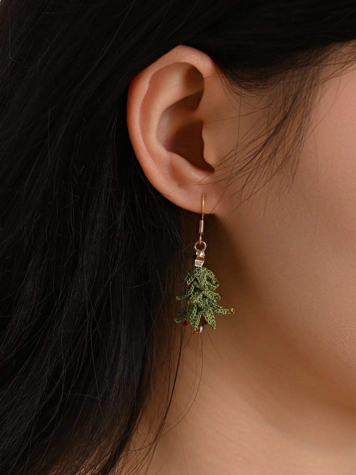 Tiny Christmas Tree Dangle Earrings – Hand-Crocheted Holiday Charm