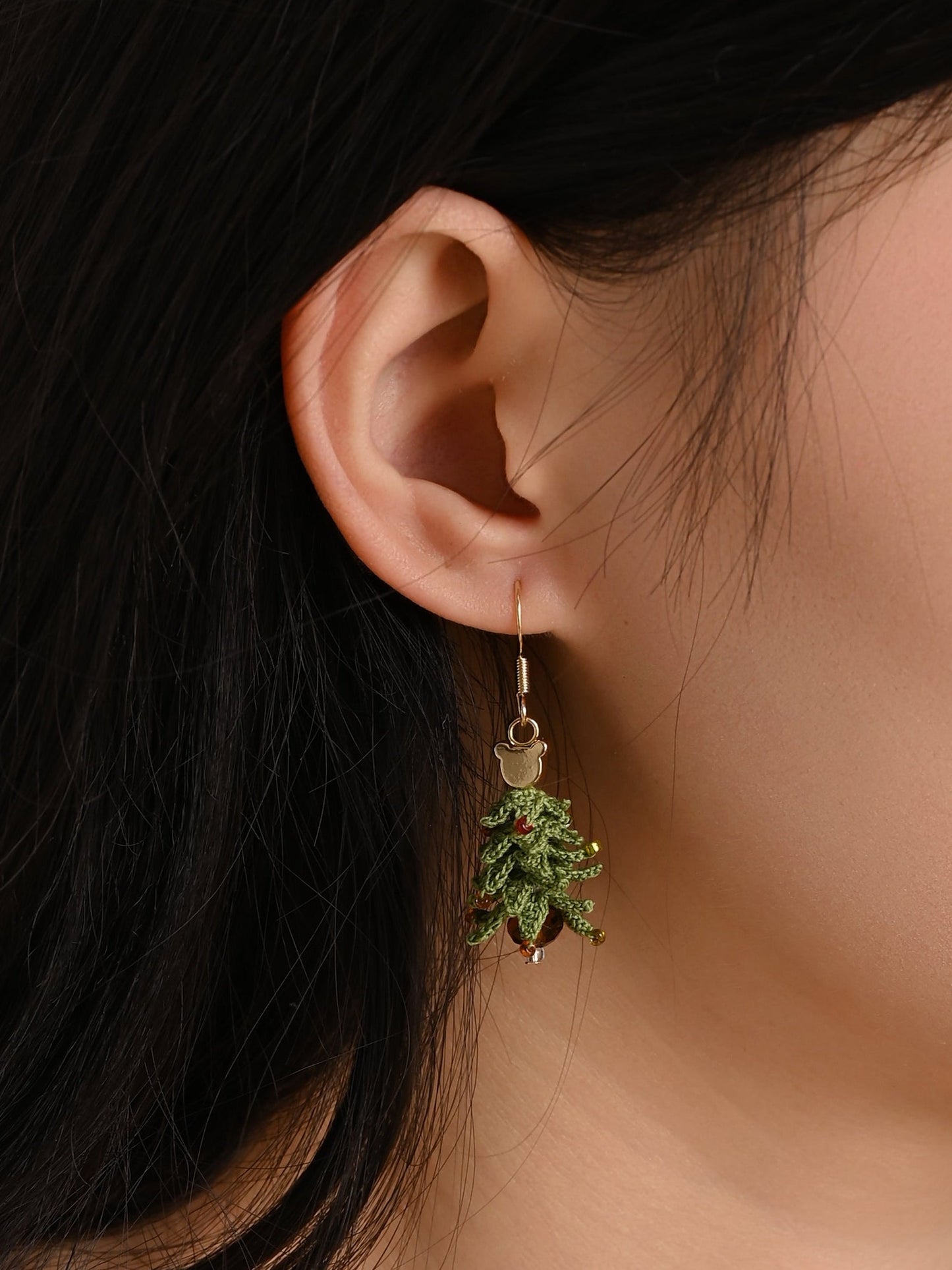 Tiny Christmas Tree Dangle Earrings – Hand-Crocheted Holiday Charm