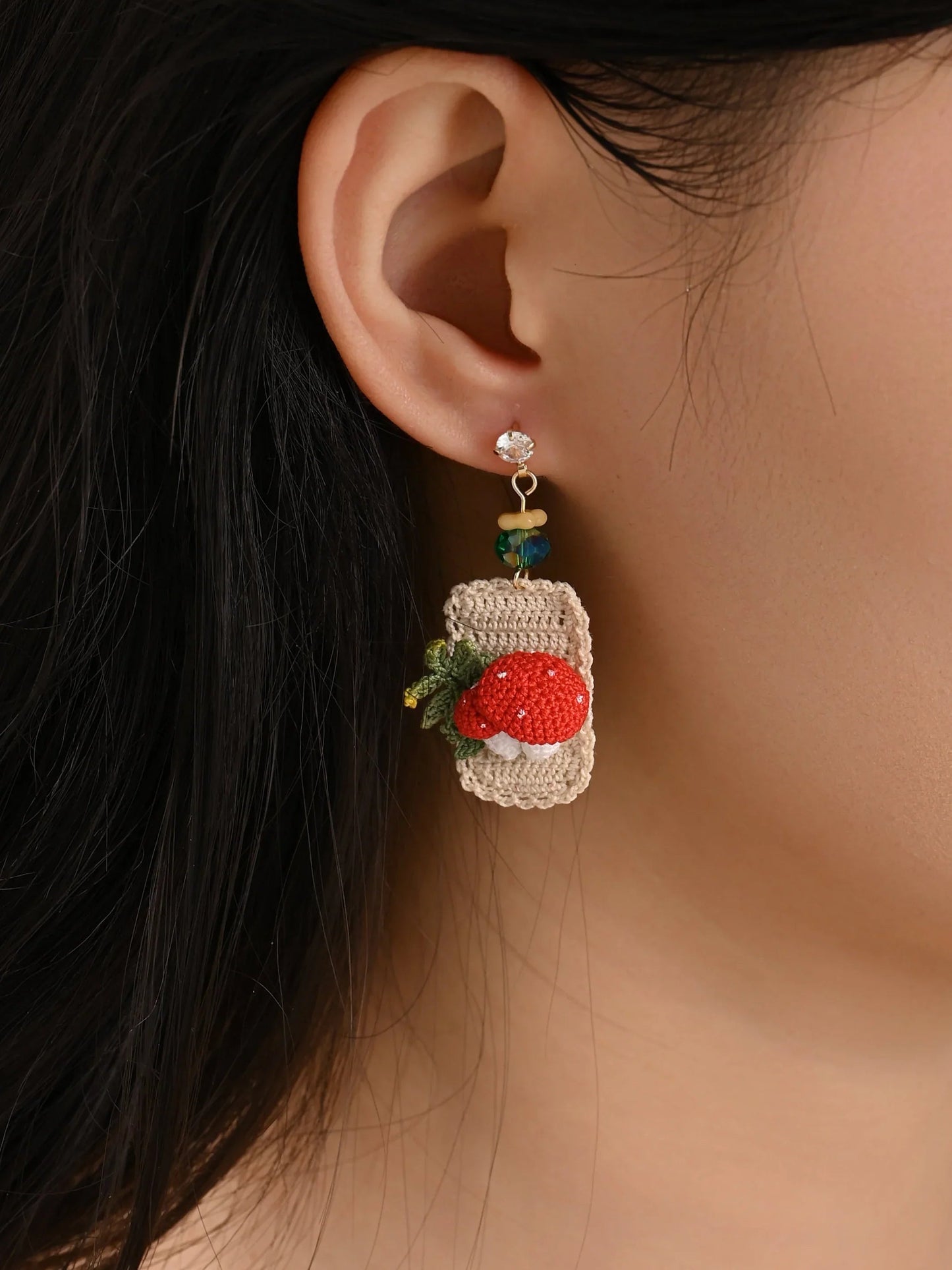 Magic Carpet Mushroom Micro-Crochet Earrings – Whimsical Handmade Forest Charms