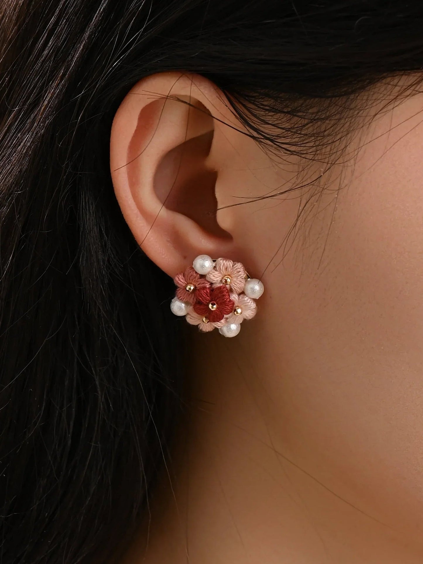 Blooming Puff Flower Pearl Micro Crochet Earrings – Handmade Colourful Floral Studs