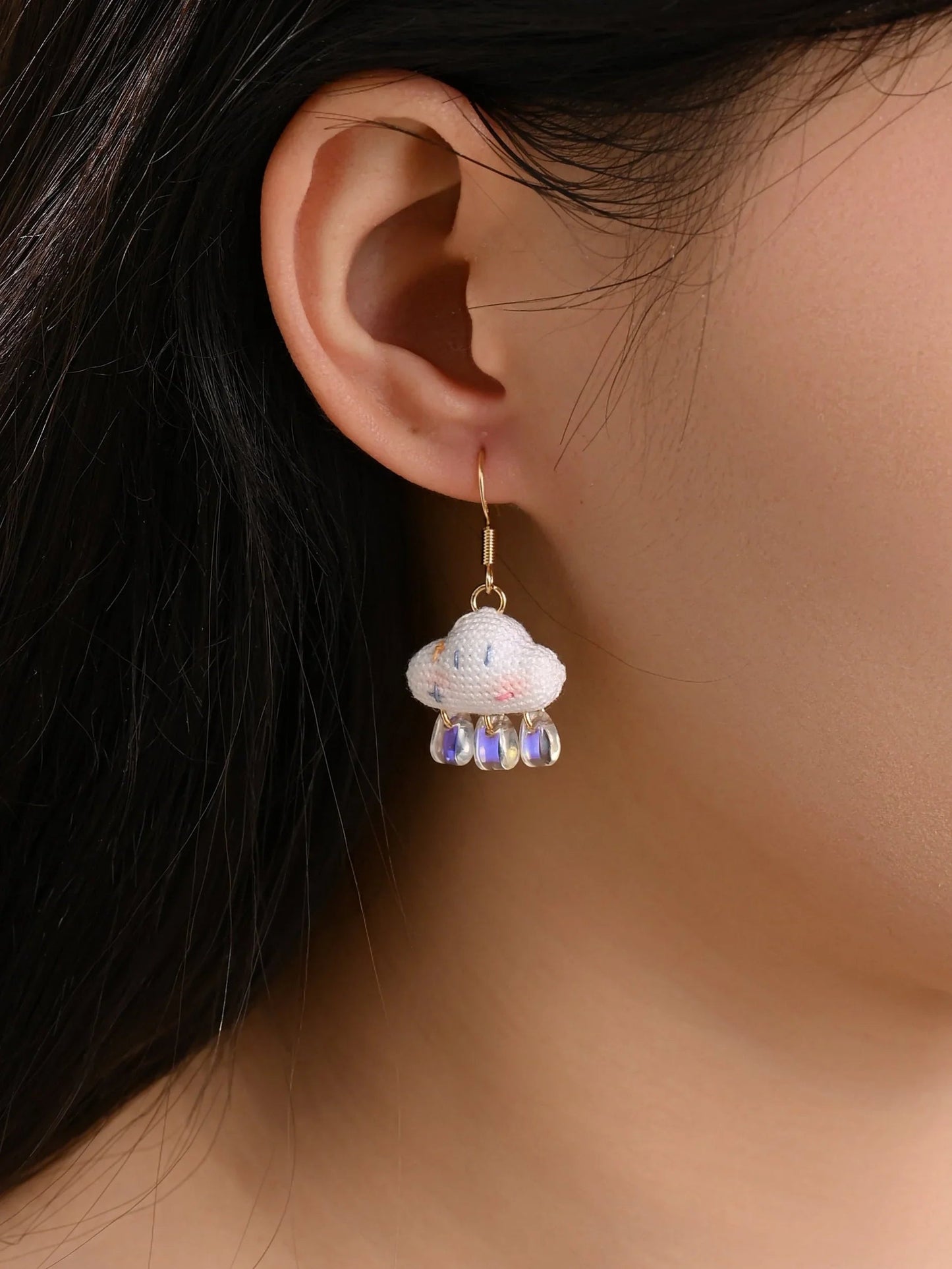 Dreamy Smiling Cloud Micro Crochet Earrings — Whimsical Handmade Dangle Drops