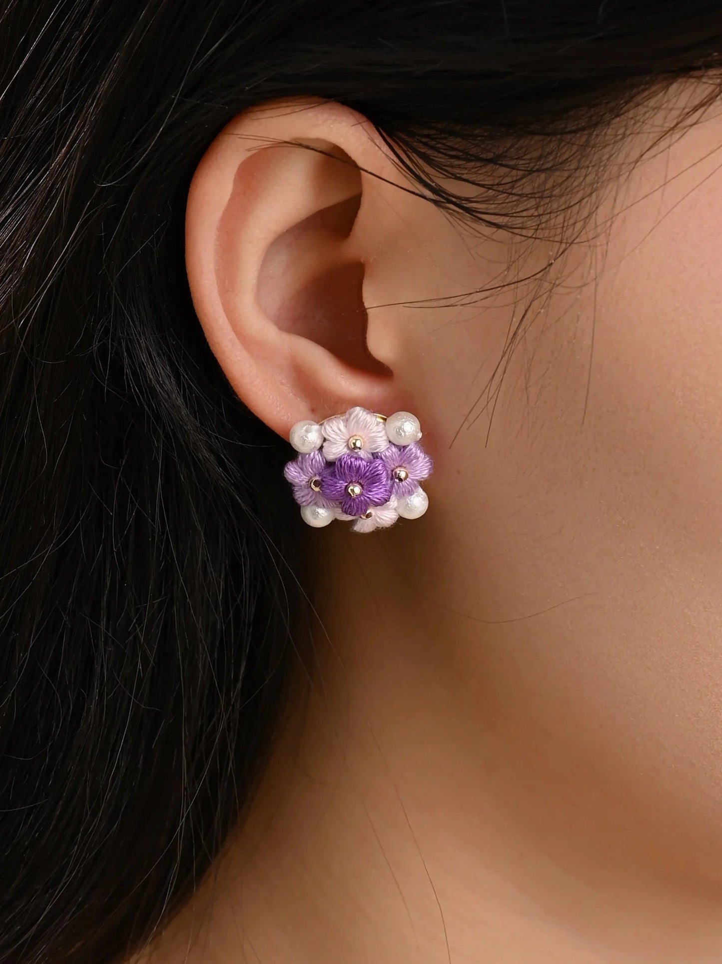 Blooming Puff Flower Pearl Micro Crochet Earrings – Handmade Colourful Floral Studs