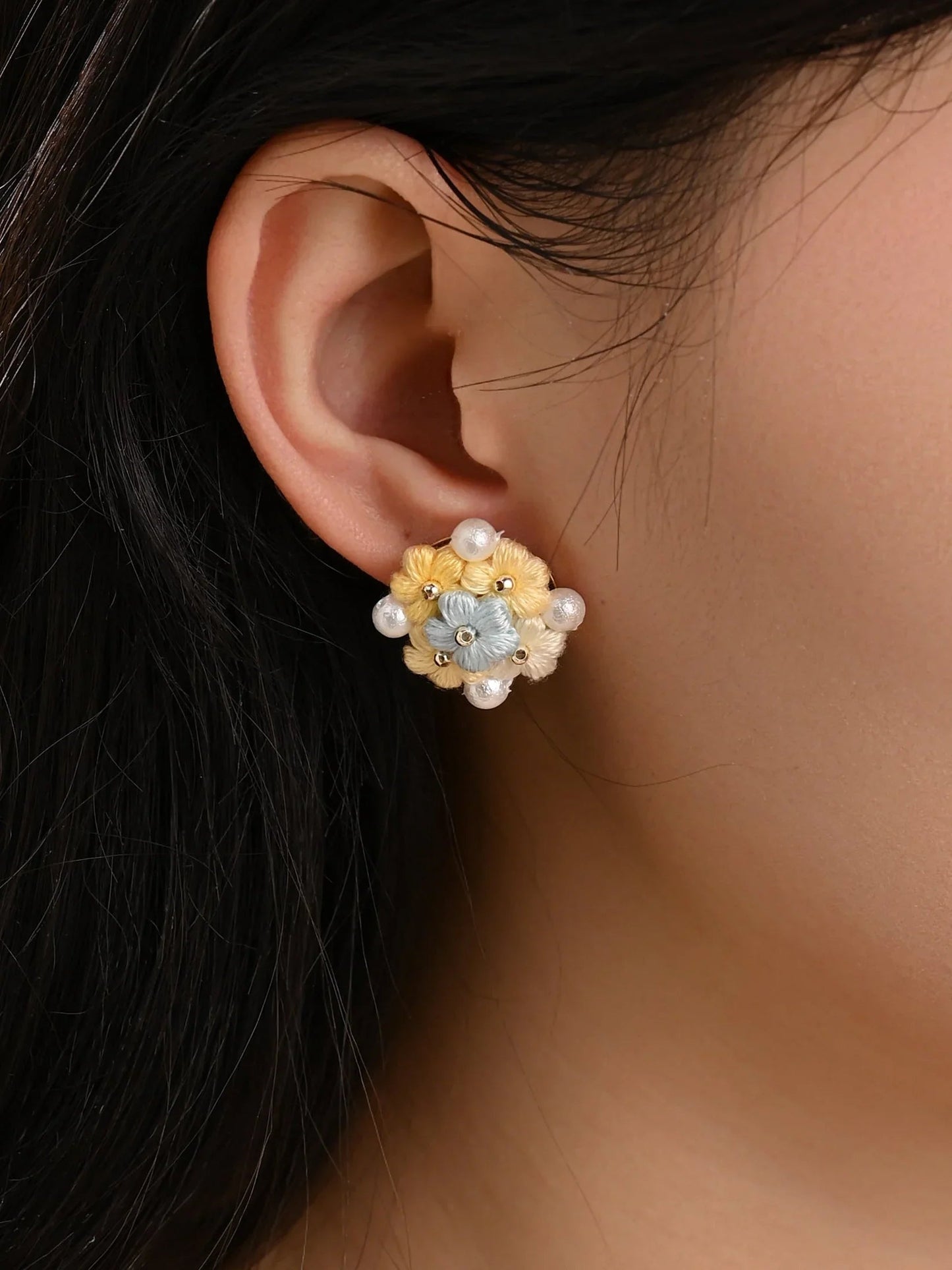Blooming Puff Flower Pearl Micro Crochet Earrings – Handmade Colourful Floral Studs