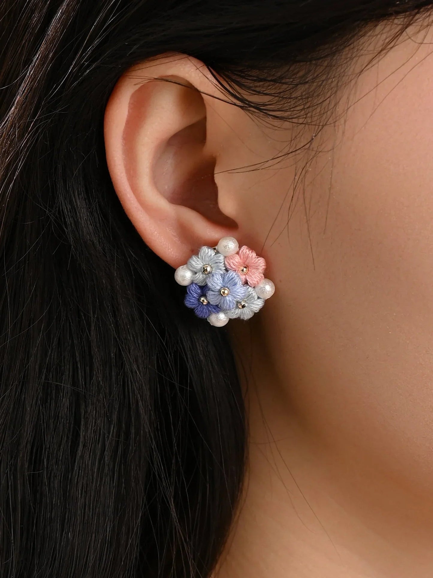 Blooming Puff Flower Pearl Micro Crochet Earrings – Handmade Colourful Floral Studs