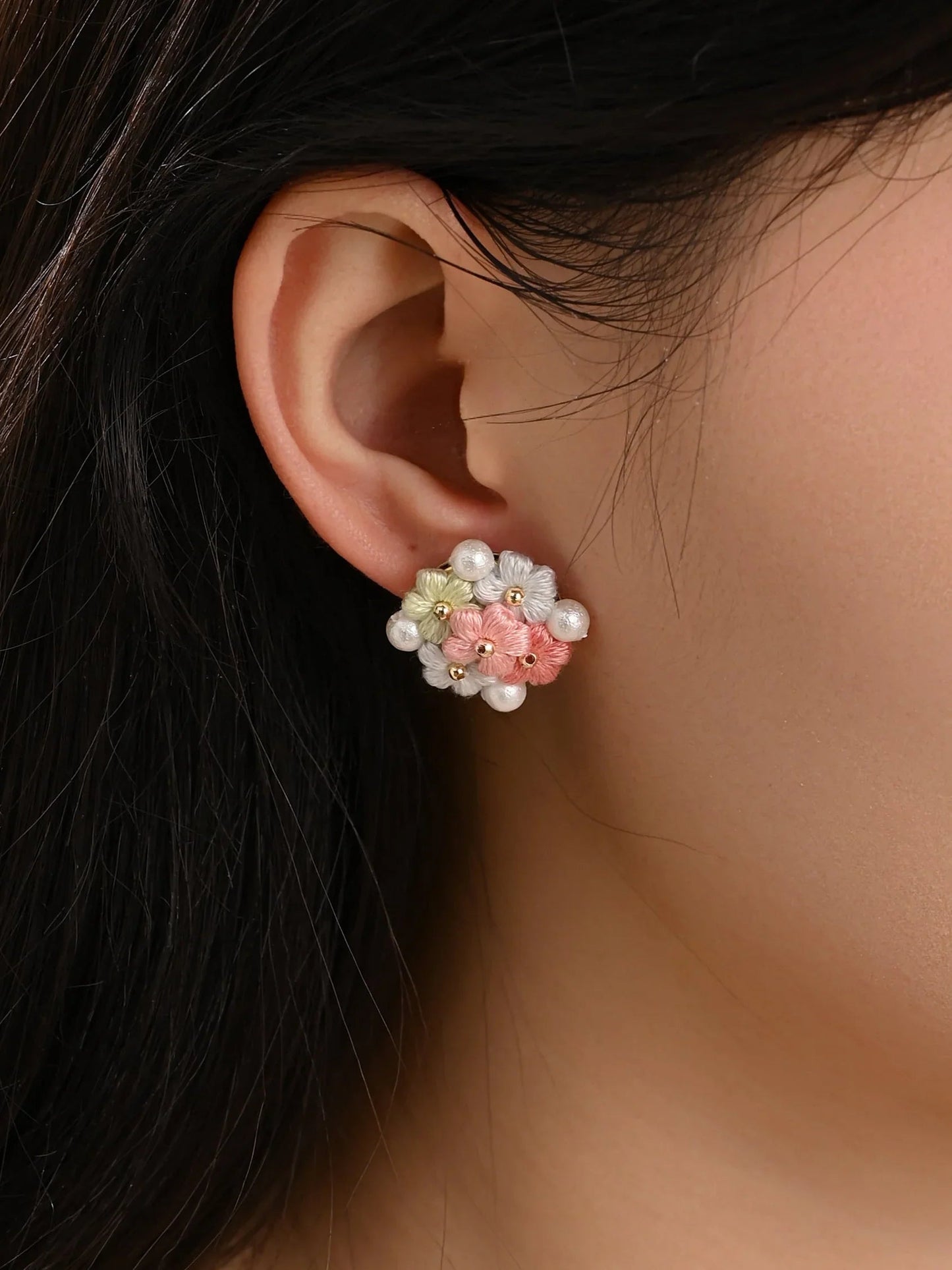 Blooming Puff Flower Pearl Micro Crochet Earrings – Handmade Colourful Floral Studs