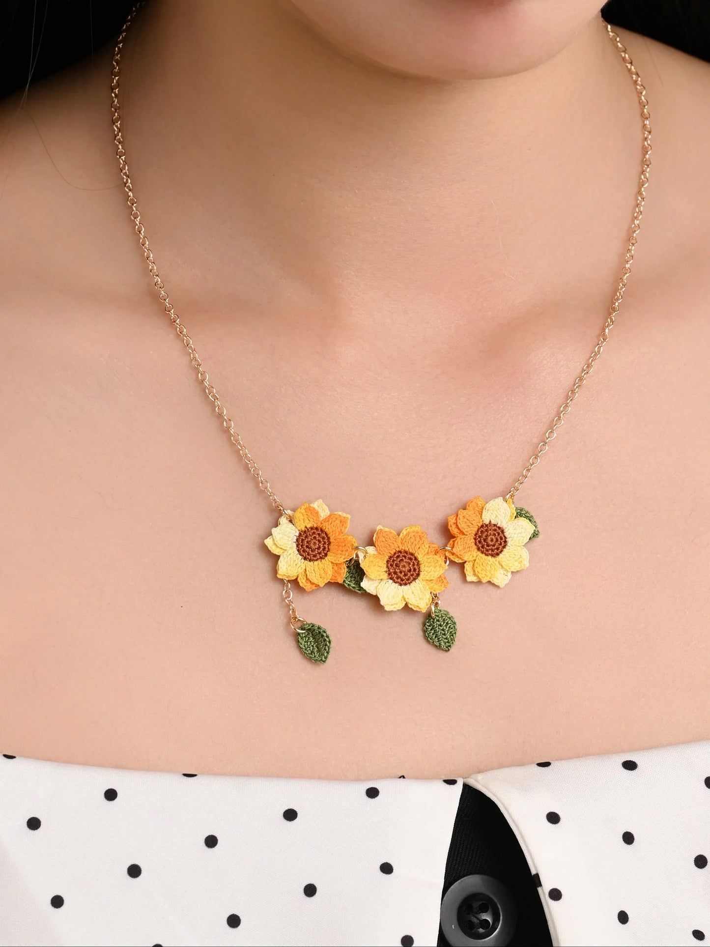 Triple Sunflower Micro Crochet Necklace – Handmade Blooming Statement Piece