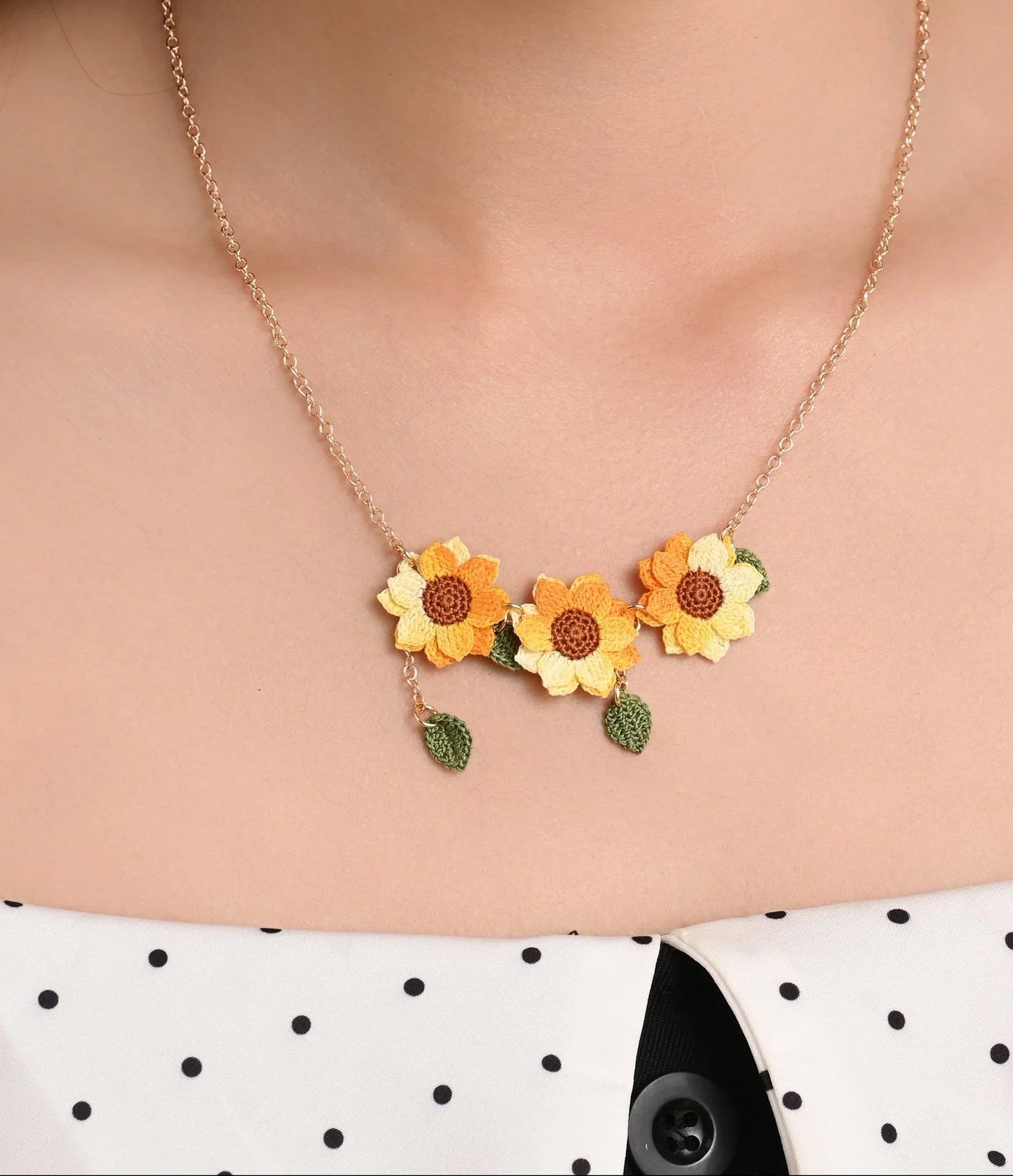 Triple Sunflower Micro Crochet Necklace – Handmade Blooming Statement Piece