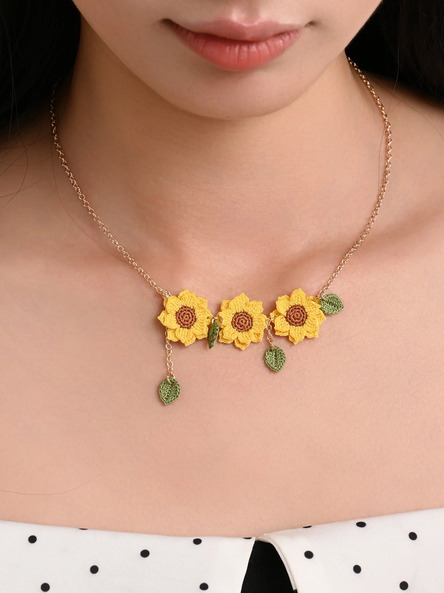 Triple Sunflower Micro Crochet Necklace – Handmade Blooming Statement Piece