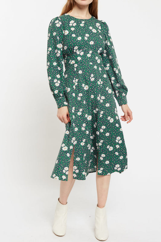 Louche Liv Roaring Daisy Print Long Sleeve Midi Dress - Green
