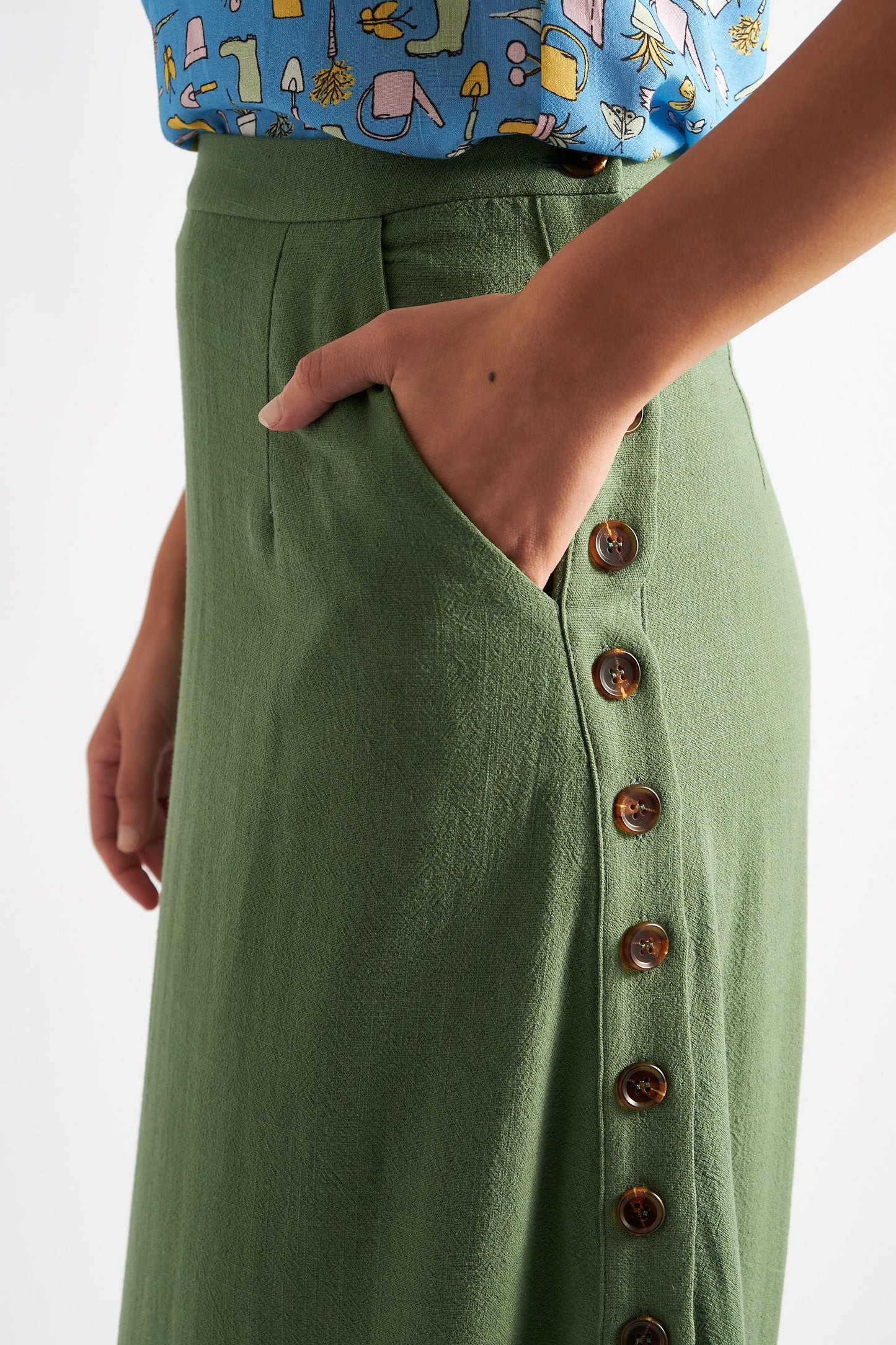 Lloyd Linen Mix Button Side Midi Skirt - Green