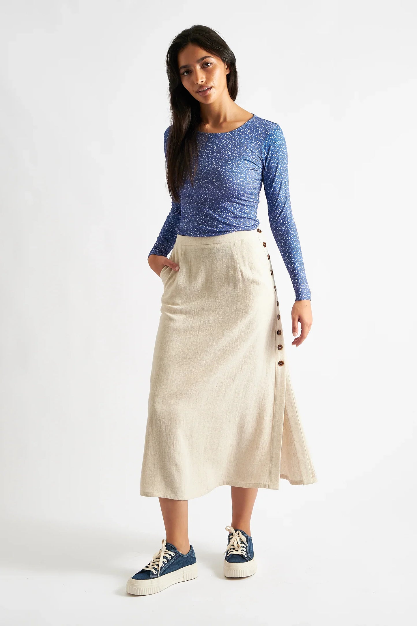Lloyd Linen Mix Button Side Midi Skirt - Natural