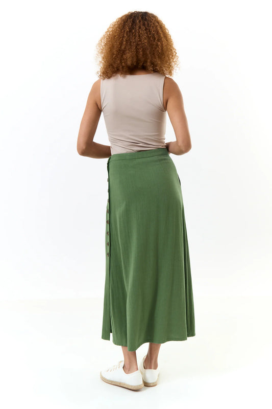Lloyd Linen Mix Button Side Midi Skirt - Green