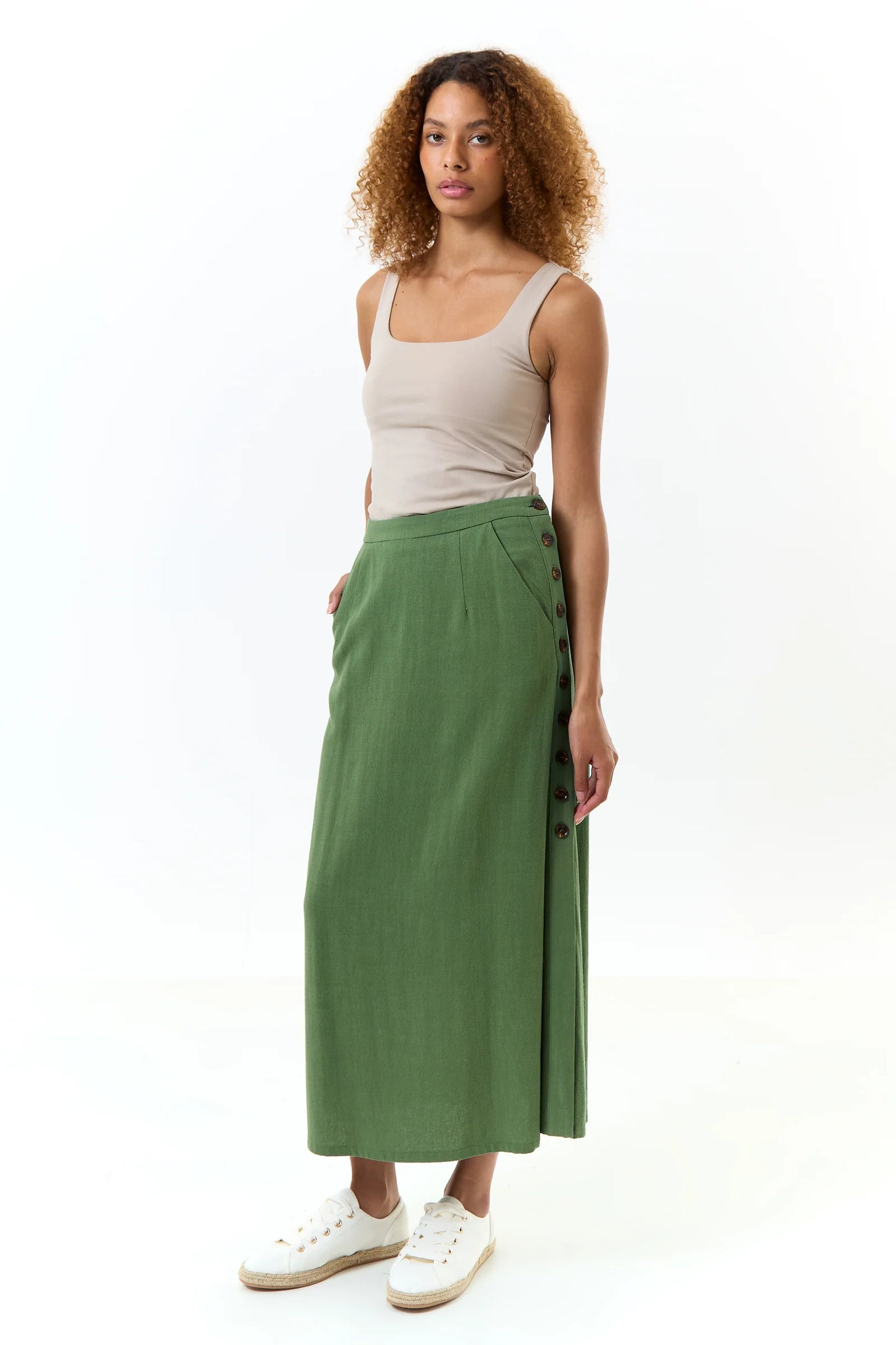 Lloyd Linen Mix Button Side Midi Skirt - Green