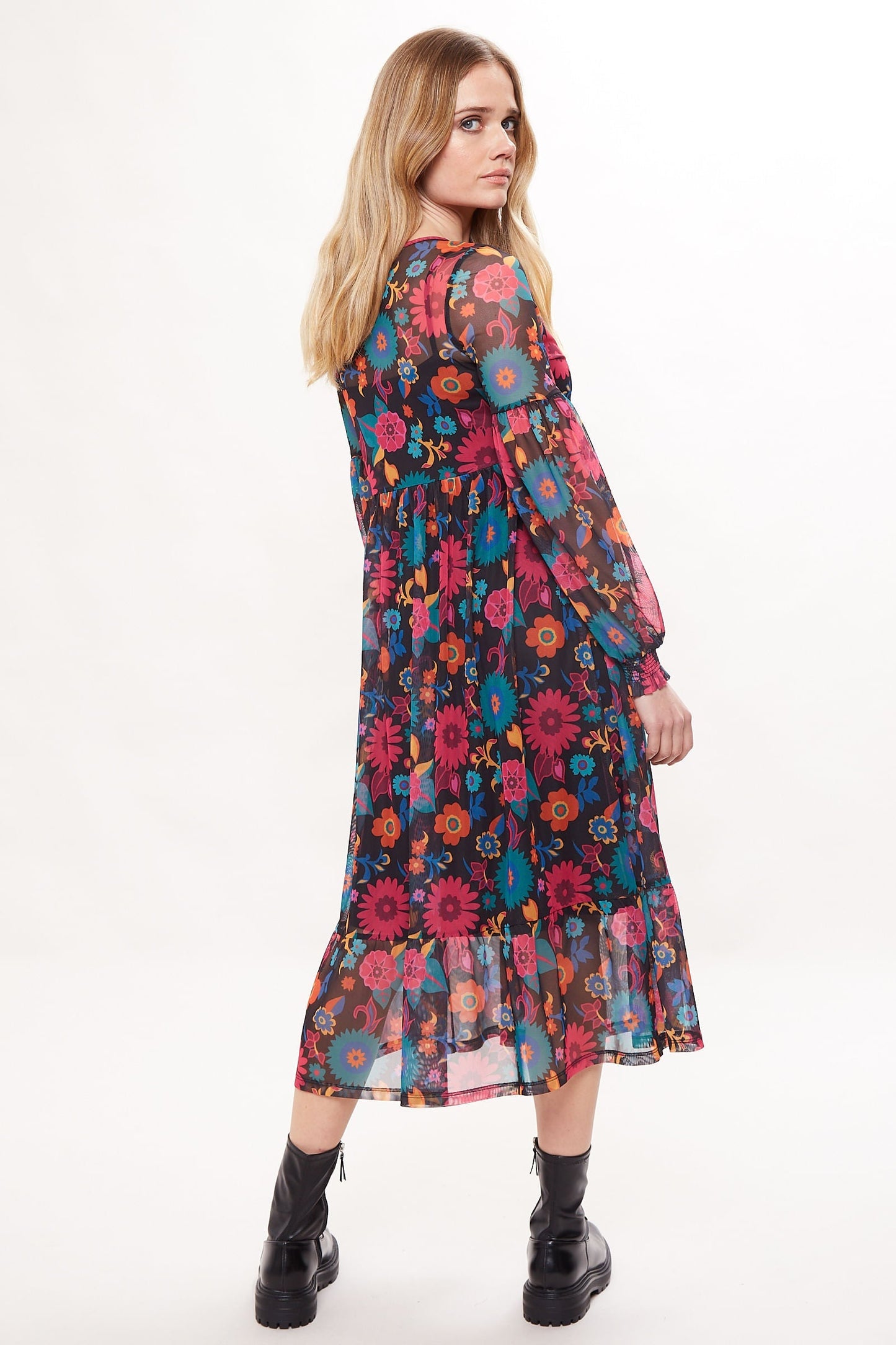 Lucinda 70'S Floral Printed Mesh Tiered Midi Dress
