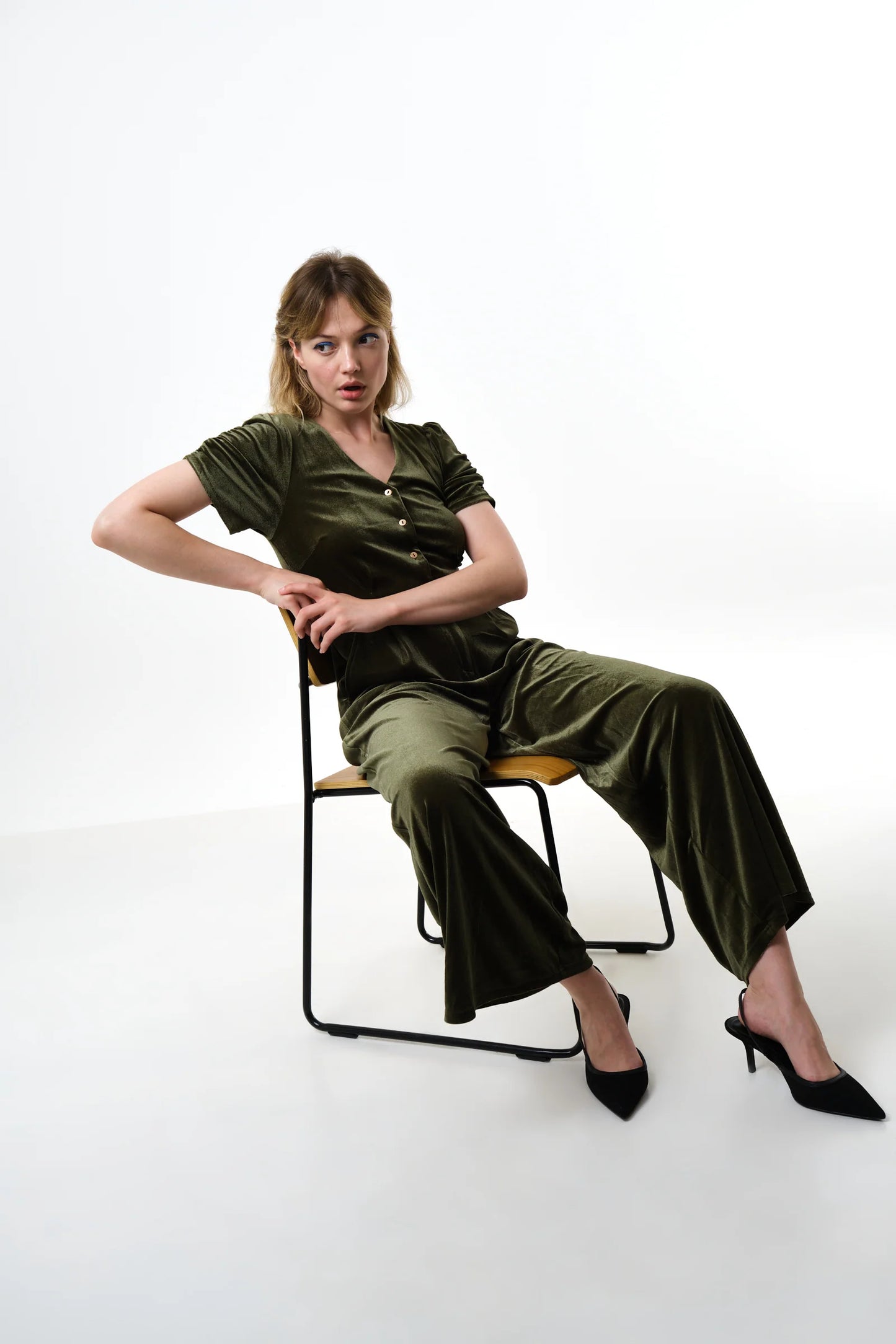 Lyes Velvet Short Sleeved Jumpsuit - Sage