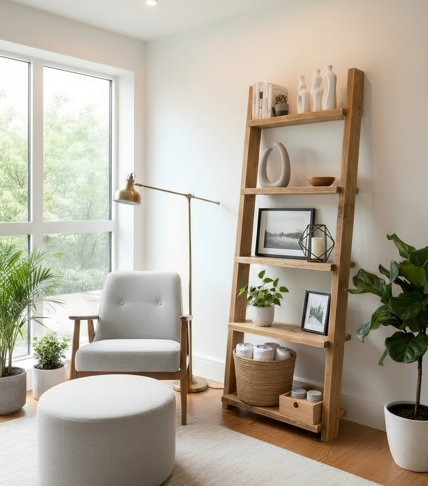 Ladder Solid Wood Bookshelf – Natural Finish Open Bookcase, Rustic Scandinavian Design