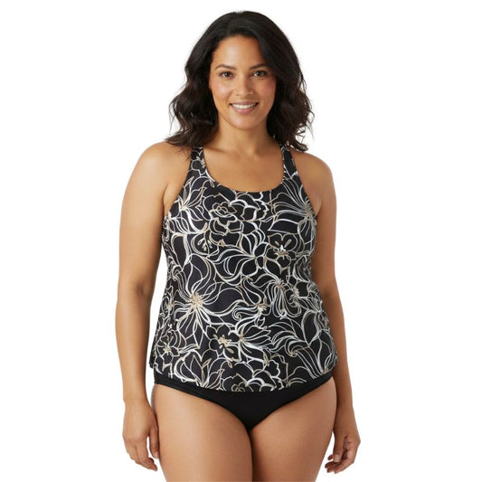 Ladies Incontinence Tankini with Briefs Black Floral