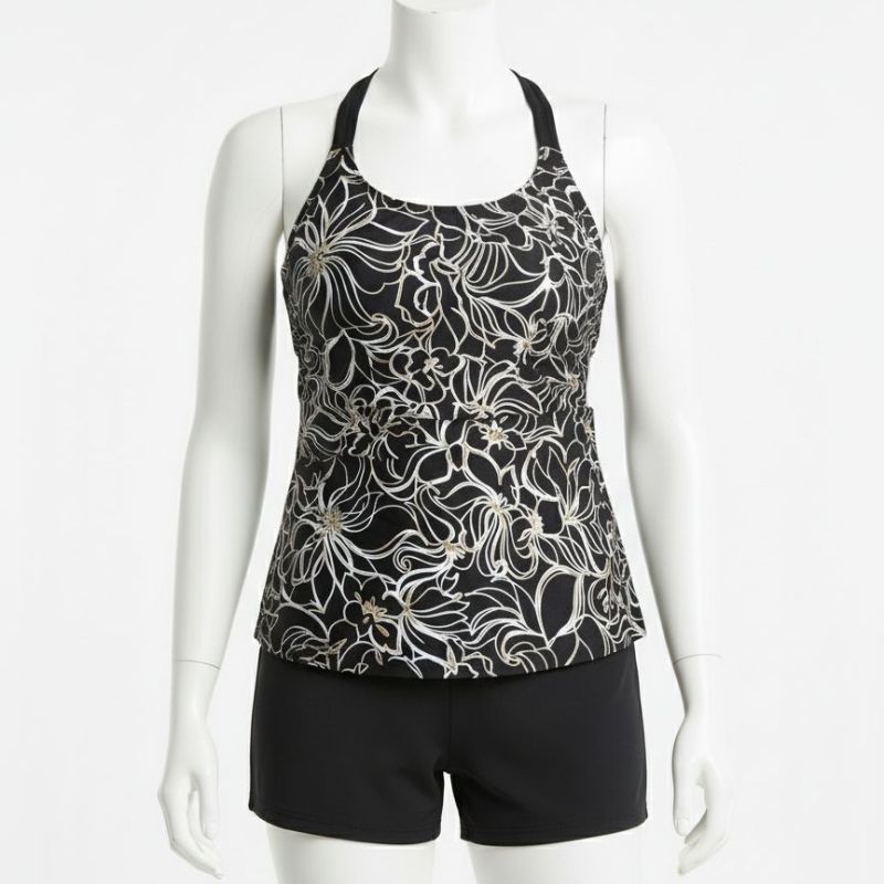 Ladies Incontinence Tankini with Shorts Black Floral