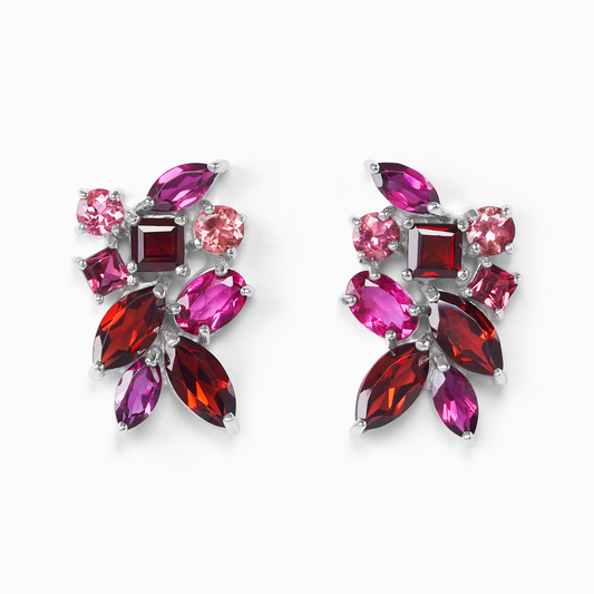 Large Red Gemstone Cluster Earrings in Sterling Silver