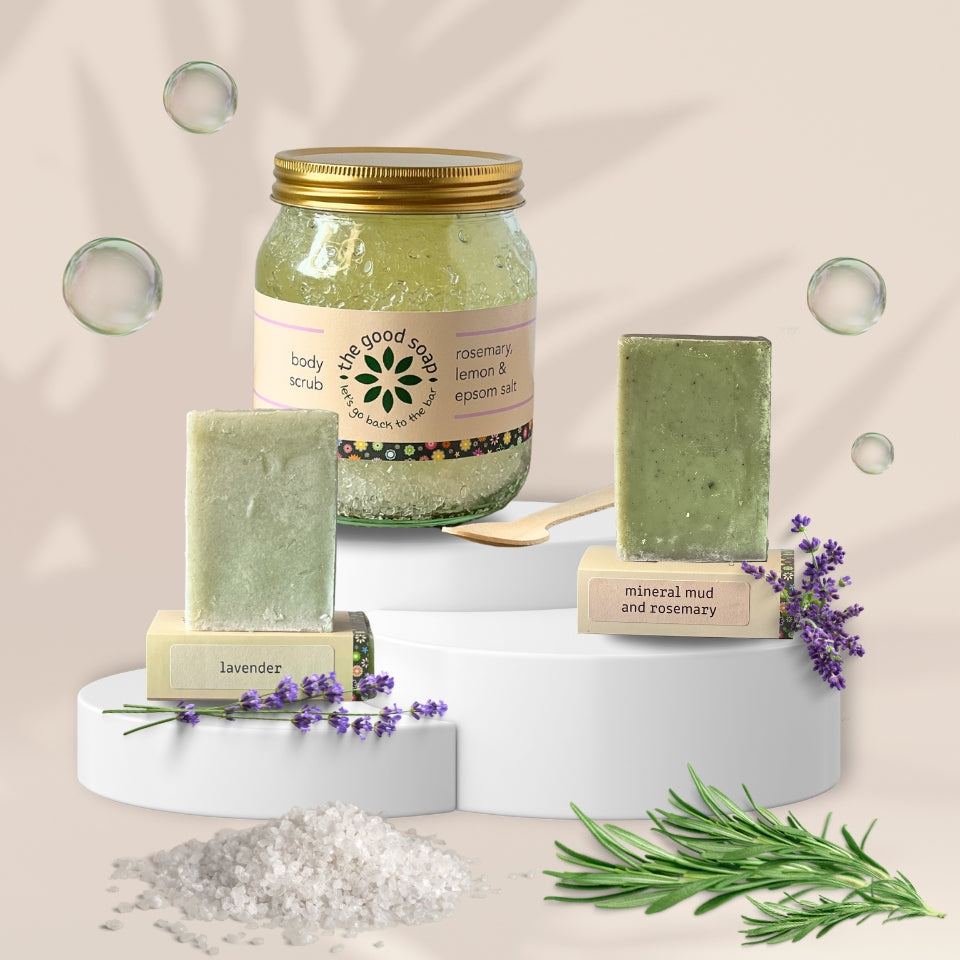 Rosemary and Lavender Set - Salt Scrub, Pumice Soap, Soap / Shampoo Bar