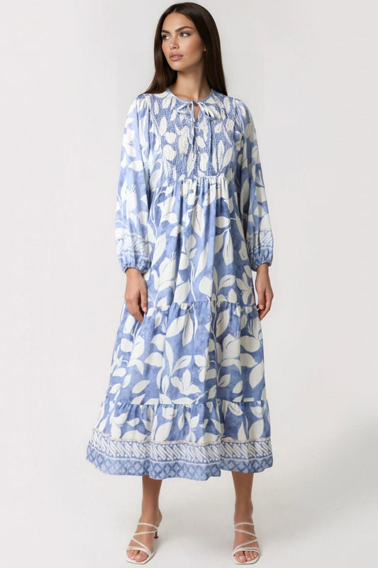 Blue Leaf Print Long Sleeve Maxi Dress