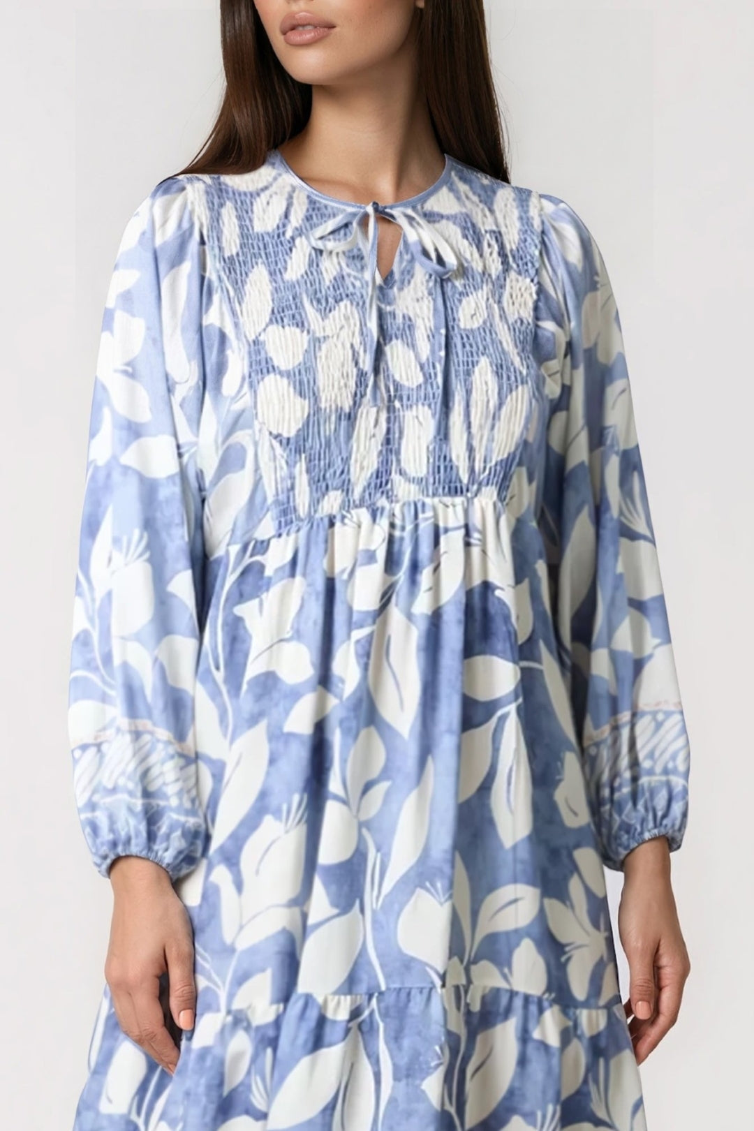 Blue Leaf Print Long Sleeve Maxi Dress
