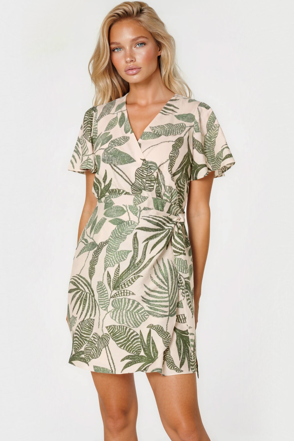 Green Leaf Print Wrap Front Mini Dress