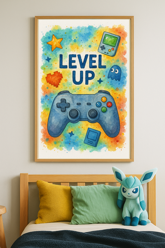 Level Up – Fun Colourful Gamer Wall Art Print for Kids' Room