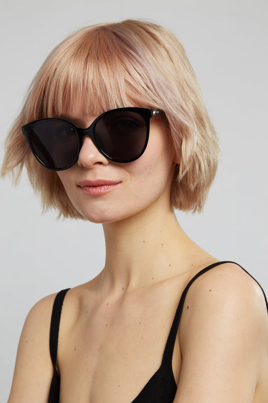 Louche Lilly Round Cat Eye Sunglasses - Black