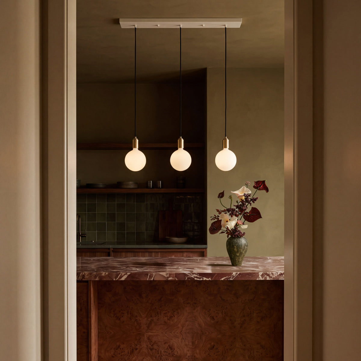 Linear Triple Pendant in Brass + Sphere IV