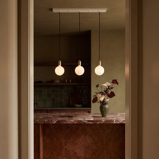 Linear Triple Pendant in Brass + Sphere IV